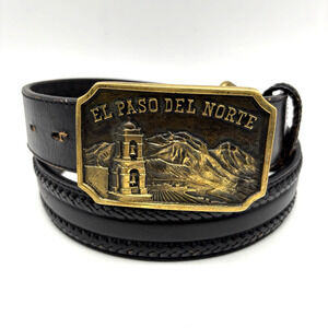1977 El Paso De Norte Heritage Solid Brass Buckle Black Genuine Leather Belt 38